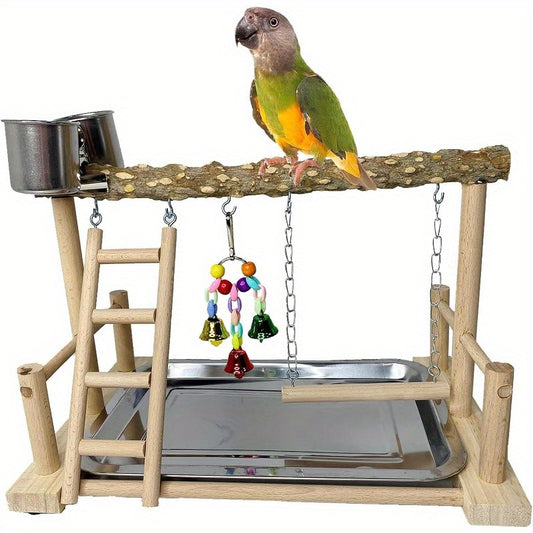 Natural Wood Parrot Playground Playstand with Ladder Swing Chew Toy and Feeder Cups Multi Level Bird Perch for Parakeets Cockatiels Lovebirds Conures and Finches Outdoor Indoor Recycled Wood Bird Gym Parrot Accessories