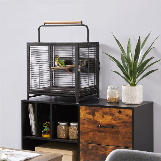 25.5'' Wrought Iron Travel Bird Cage Carrier with Handle, Wooden Perch & Seed Guard