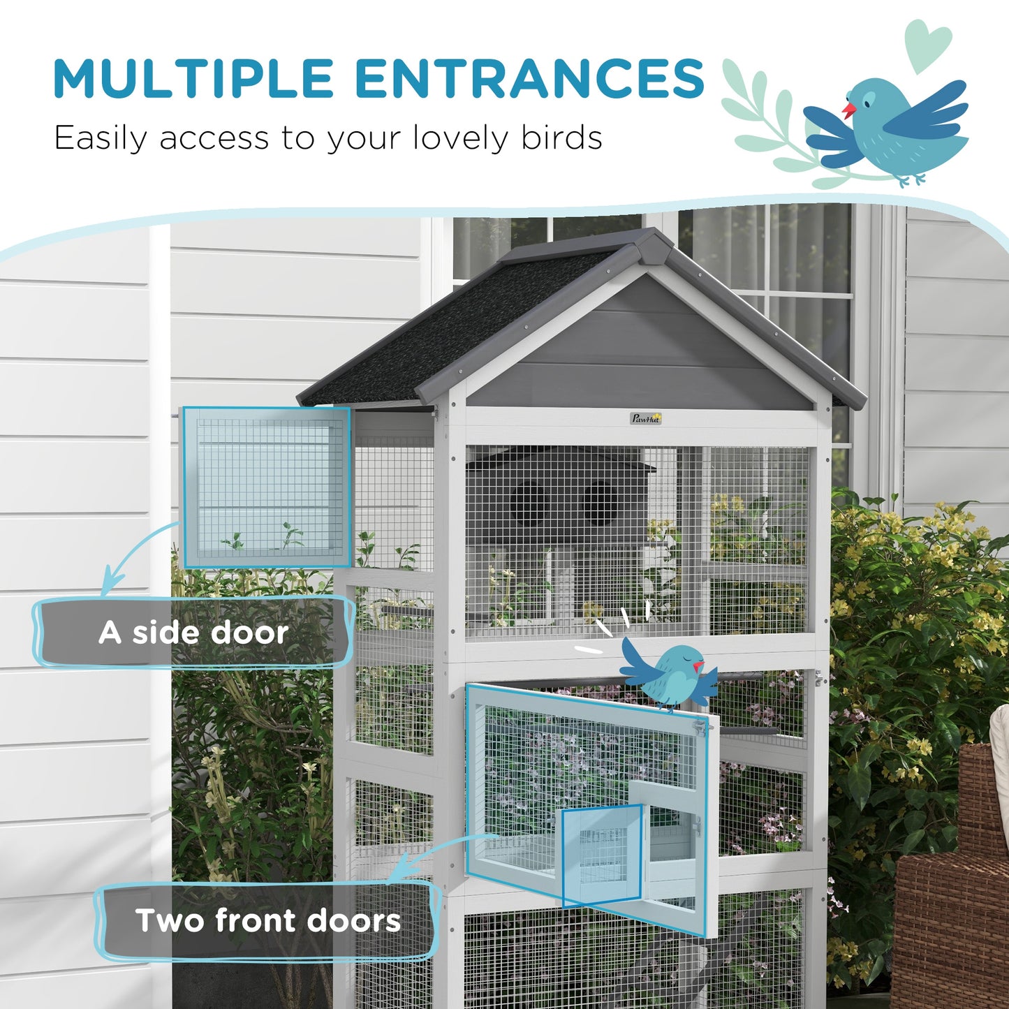 PawHut Wooden Bird Aviary 67 Inch Outdoor Bird Cage with Slide Out Tray Three Doors Birdhouse Ladder Perches for Finches Parakeets Gray