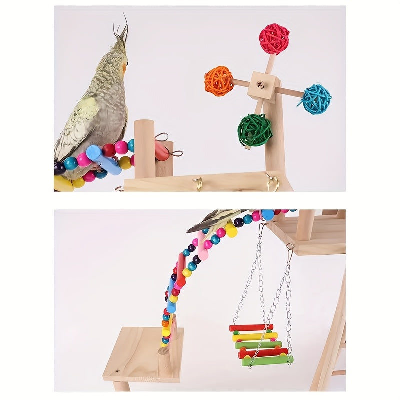 Luxury Wooden Parrot Play Tower with Swing Ladder Ring and Climbing Bridge Multifunctional Bird Perch Toy for Active Birds Natural Wood Finish Colorful Hanging Toys