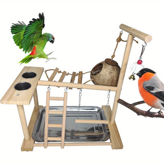 Natural Wood Parrot Playground Activity Center with Ladder Hanging Swing Feeder Cups and Chew Toys Exercise Gym for Cockatiels Conures and Lovebirds Bird Perch Training Stand for Mental Stimulation and Physical Activity