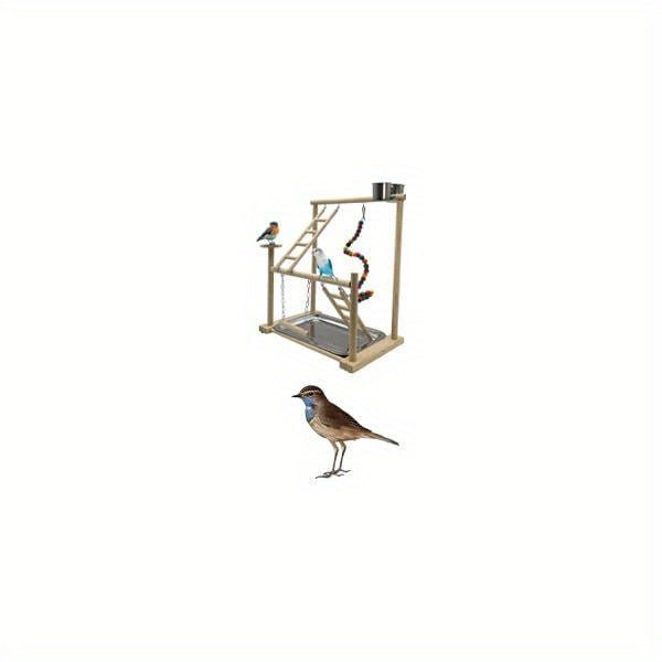Natural Wood Parrot Playground Activity Center with Ladder Hanging Swing Feeder Cups and Chew Toys Exercise Gym for Cockatiels Conures and Lovebirds Bird Perch Training Stand for Mental Stimulation and Physical Activity