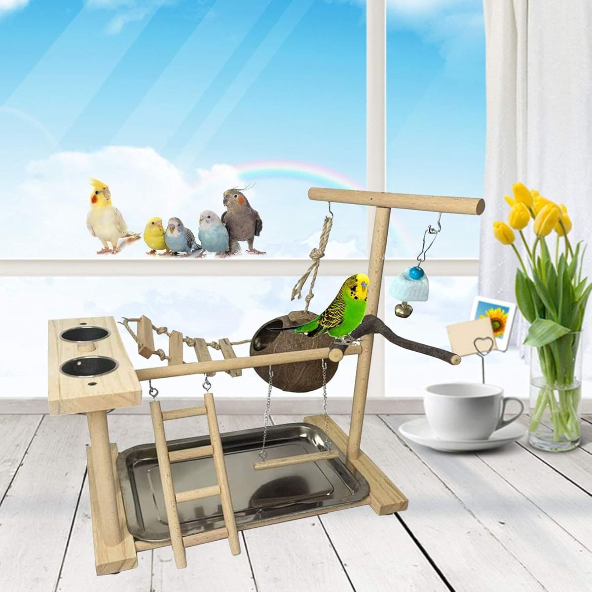 Natural Wood Parrot Playground Activity Center with Ladder Hanging Swing Feeder Cups and Chew Toys Exercise Gym for Cockatiels Conures and Lovebirds Bird Perch Training Stand for Mental Stimulation and Physical Activity