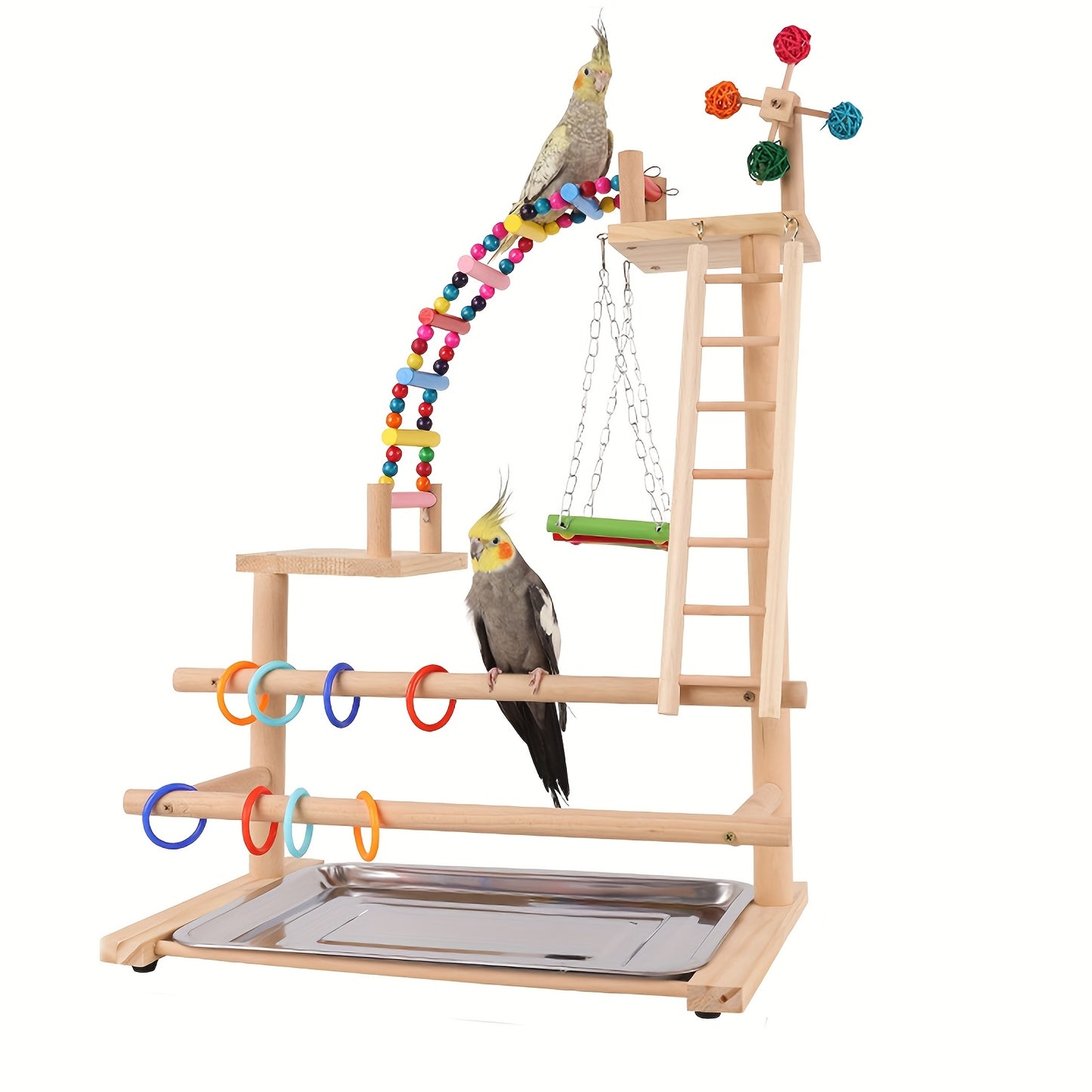 Deluxe Wooden Parrot Play Stand With Swing Ladder Rings And Climbing Bridge Multifunctional Bird Perch Toy For Climbing Swinging And Play Natural Wood Finish Colorful Hanging Toys Sturdy Design For Active Birds