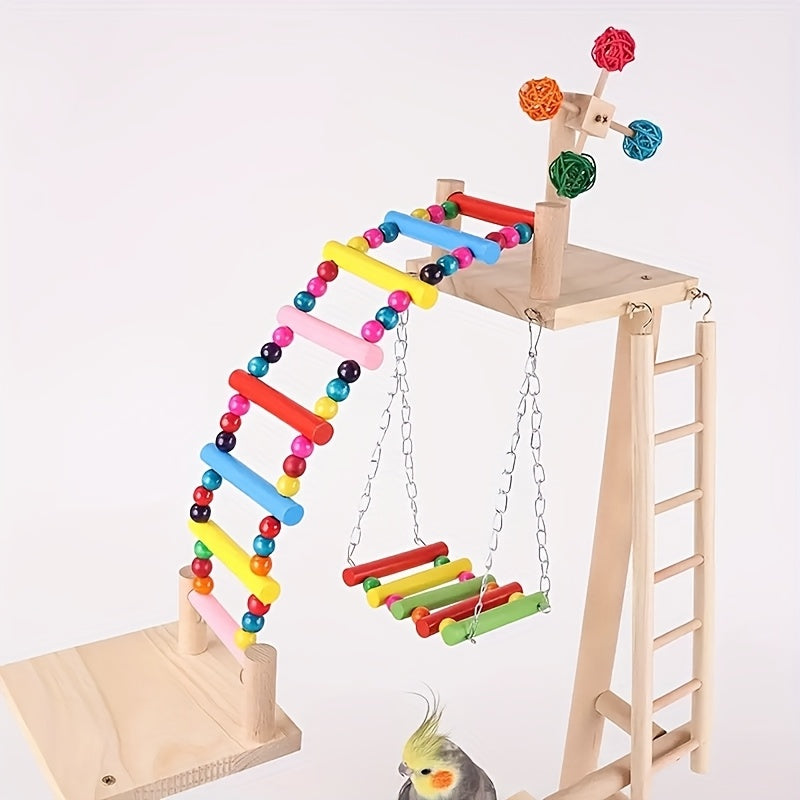 Luxury Wooden Parrot Play Tower with Swing Ladder Ring and Climbing Bridge Multifunctional Bird Perch Toy for Active Birds Natural Wood Finish Colorful Hanging Toys